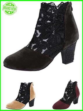 Floral Lace Block Heel Ankle Boots Cutout Back Zipper Breathable Orthopedic